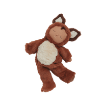 Cozy Dinkum Finnley Fox plush toy, the dreamy woodland doll with the softest rust-colored fur and a sleepy flopsy body, perfect for snuggles and sweet dreams. This posable plush fox features an embroidered face, tuft of hair, and a non-removable suit with unique detailing and a rainbow heart.