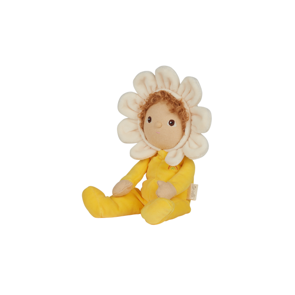 Olli Ella Blossom Buds Dinky Dinkum Daisy Yellow Flower Doll sitting side on with hood on