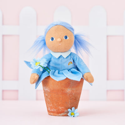 Olli Ella Blossom Buds Dinky Dinkum Iris blue flower doll sitting in flower pot