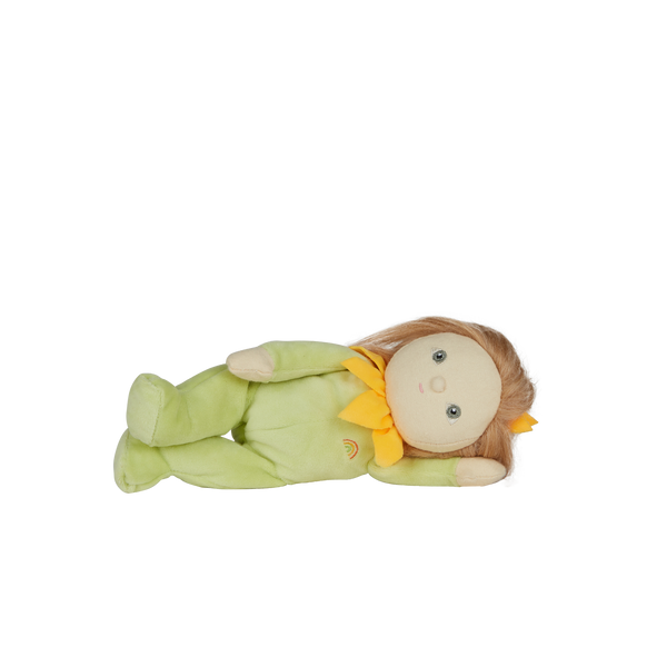 Olli Ella Blossom Bud Dinky Dinkum Sunny green and yellow flower doll lying on side