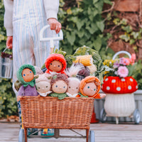 6 pack of collectable vegetable themed plush toys. Posable plush dolls with gentle weighting for imaginative doll play. These limited-edition, collectible, pocket-sized, and loveable friends are ready for any adventure!  