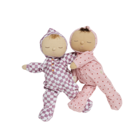 Strawberry and purple check kids soft-toy dolls. suitable from birth and perfect for cuddles.