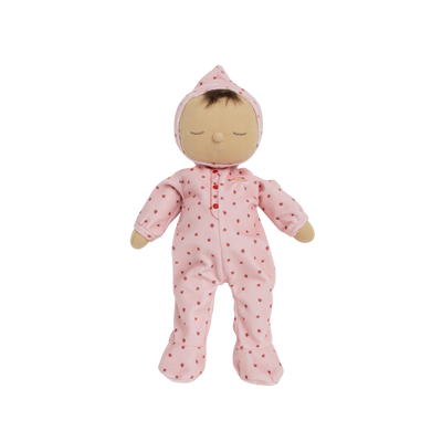 Olli Ella Dozy Dinkum Doll - strawberry. Floppy soft-doll suitable from birth with pink strawberry printed onesie,