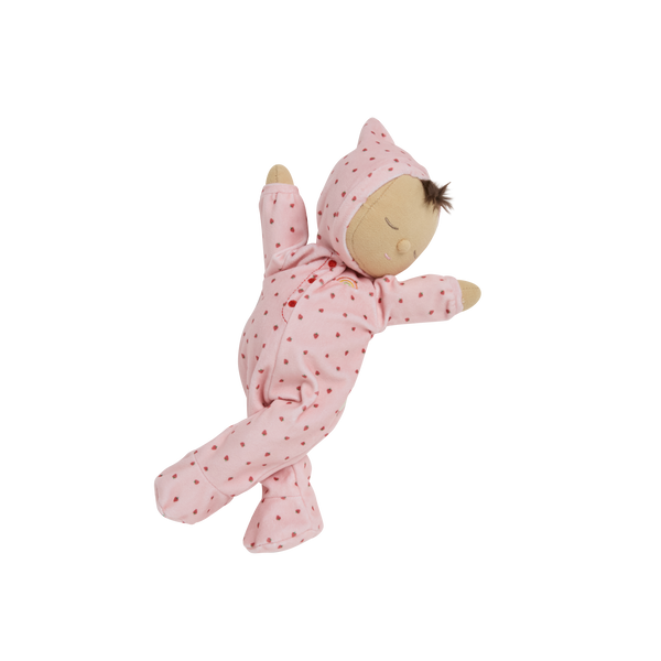 Olli Ella Dozy Dinkum Doll - Pink strawberry. soft-doll suitable from birth with pink strawberry printed onesie,
