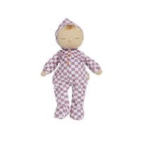 Olli Ella Dozy Dinkum Doll - Plum Check. Floppy soft-doll suitable from birth with purple check printed onesie,