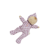 beautiful soft-doll suitable from birth with purple check printed onesie.