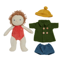 Plush doll with red outfit, yellow hat, green coat, and blue shorts on a white background