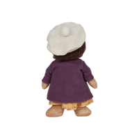 Back view of a doll wearing a purple coat and white hat on a white background