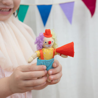 Olli Ella circus themed Holdie folk. Pocket-sized circus clown magical plush toy for kids imaginative play.