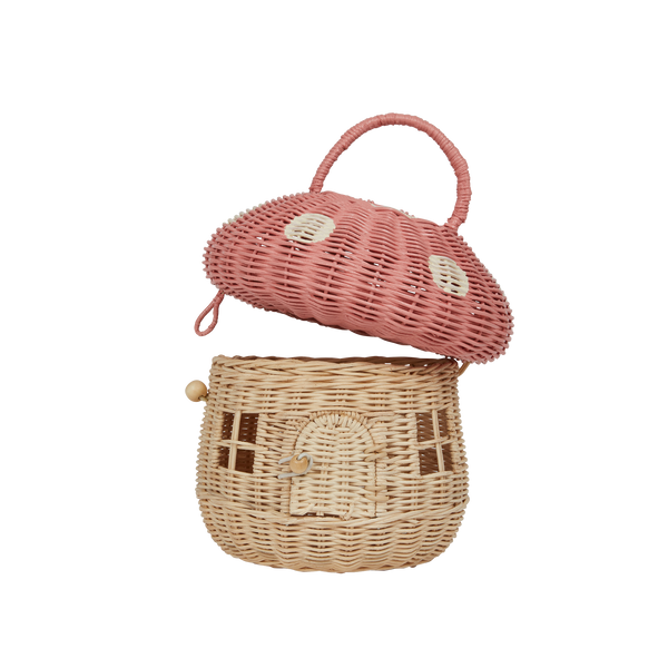 Olli Ella Rattan Mushroom Basket - musk and white coloured open lid