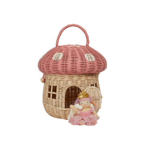 Olli Ella Rattan Mushroom Basket - musk and white coloured with Holdie princess