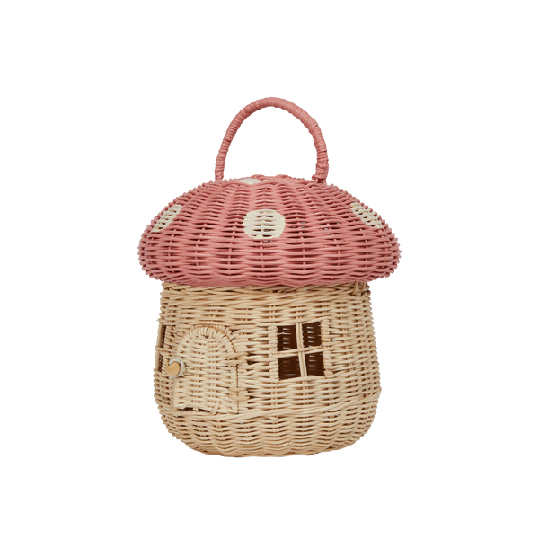 Olli Ella Rattan Mushroom Basket - musk and white coloured open lid