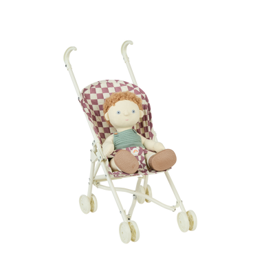 Purple check printed stroller for dolls.