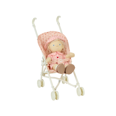 kids pink strawberry printed doll stroller with posable doll.